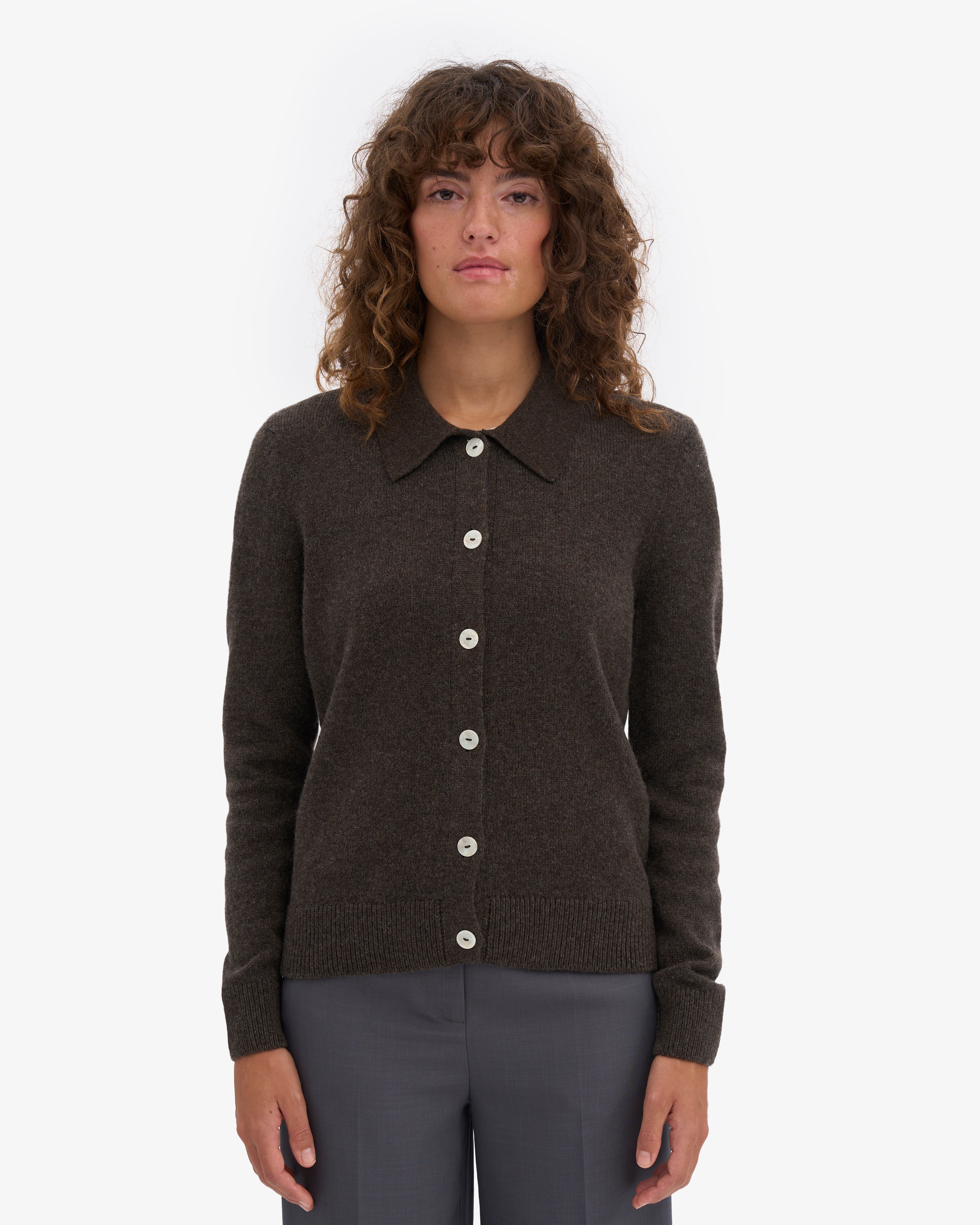Women Merino Wool Collar Cardigan - Coffee Brown